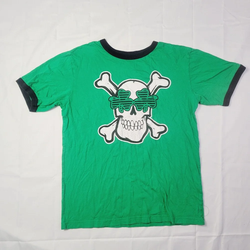 Childrens Place Boys Skull Shamrock Ringer T-Shirt XL 14 Green B73